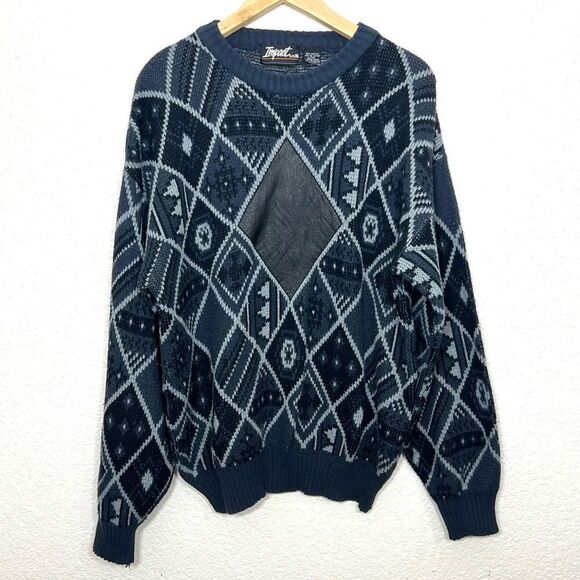 Vintage 80’s Geometric Print Acrylic Leather Patch Grandpa Sweater Size XL - Picture 1 of 9